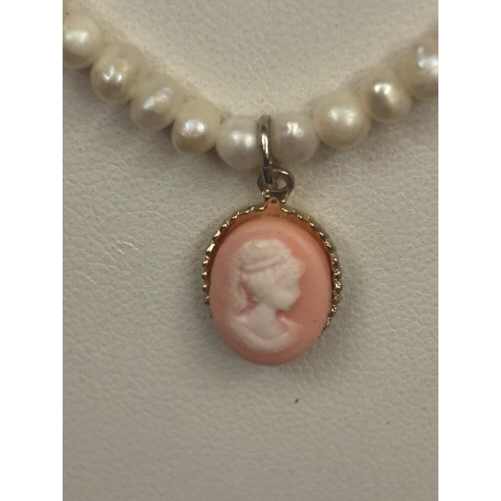 Vintage Freshwater Pearl Necklace Pink Shell Cameo Pendant Youth/Small Communion - Picture 11 of 16